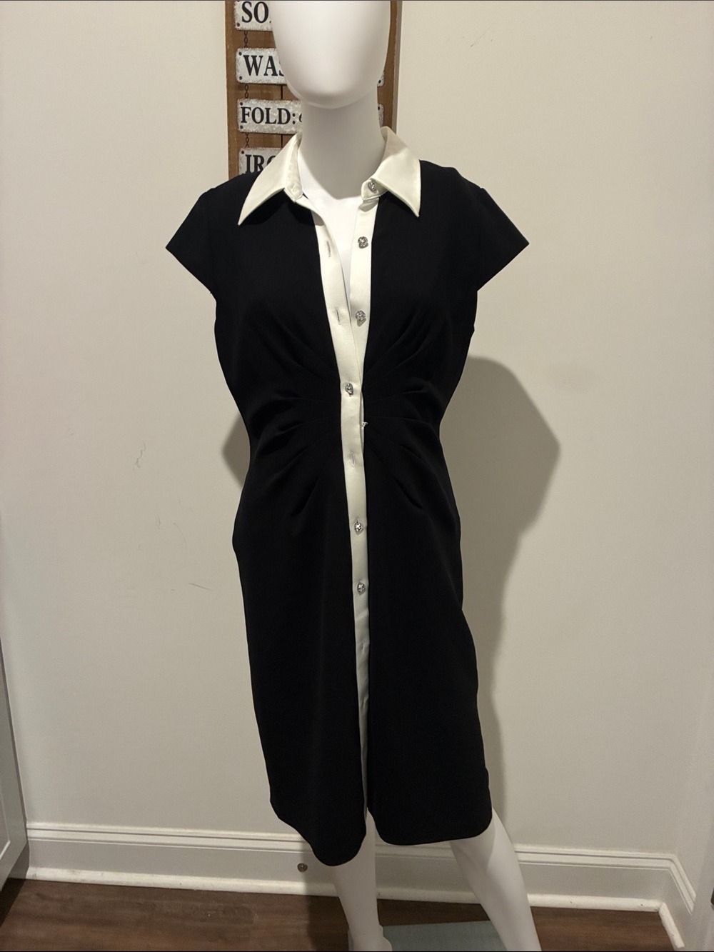 Black Midi Dress with Contrast White Placket and Collar